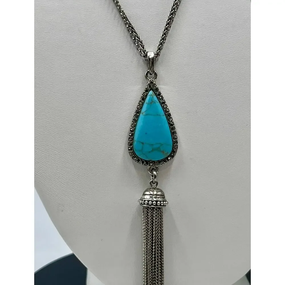 Lucky‎ Brand Silver Tone teardrop  Shaped Large Turquoise Tassel Pendant